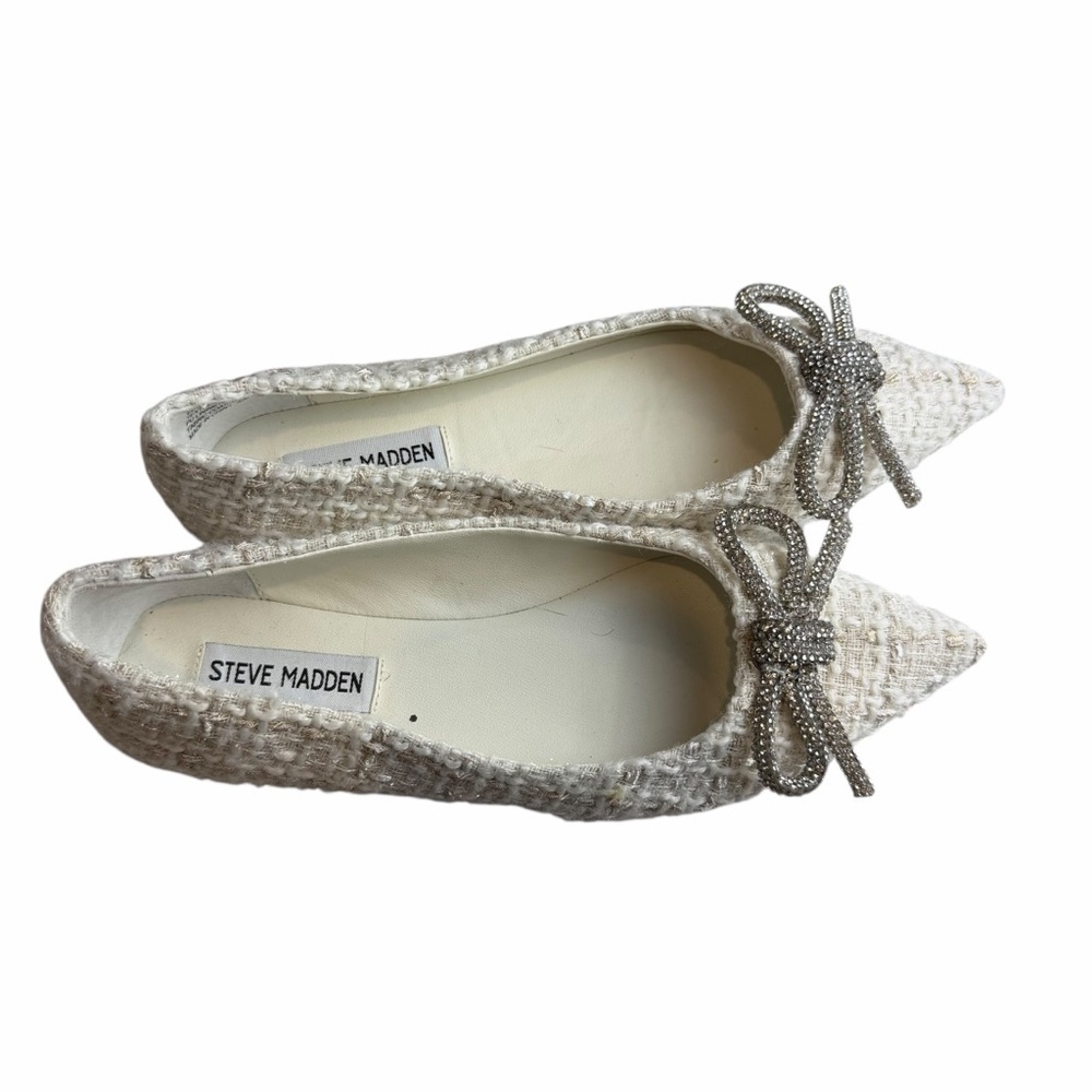 Steve Madden Elina Tweed Pointed Toe Flats Crystal Bow 6 white bridal wedding - Picture 4 of 9